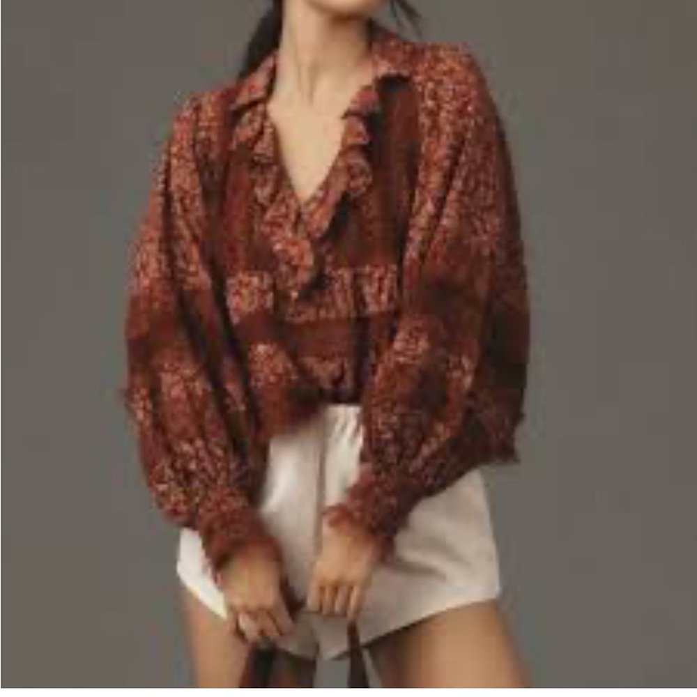 Anthropologie Rust Brown Floral Ruffle Blouse